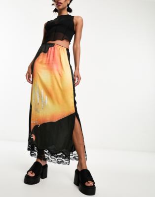 COLLUSION satin maxi slip skirt with lace hem in print-Grey