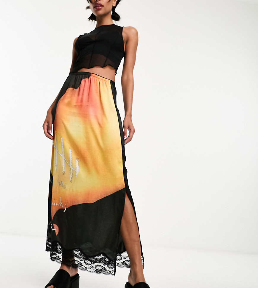 COLLUSION satin maxi slip skirt with lace hem in print-Grey