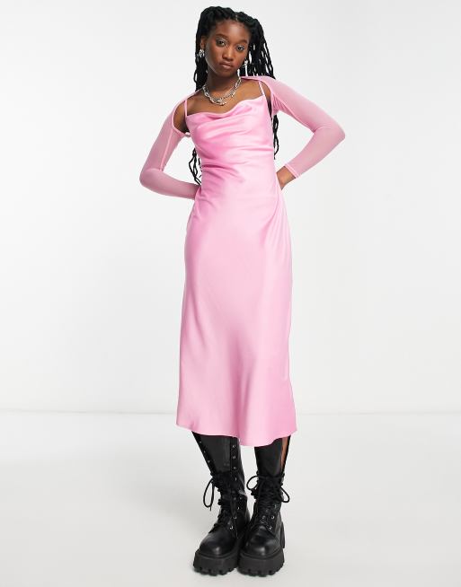 Purple Midi Dress - Satin Cowl Neck Dress - Magenta Adjustable Runched Dress