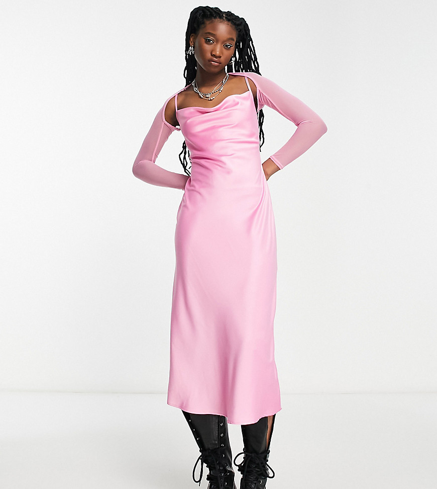 COLLUSION satin midi cowl neck midi with matching shrug in pink