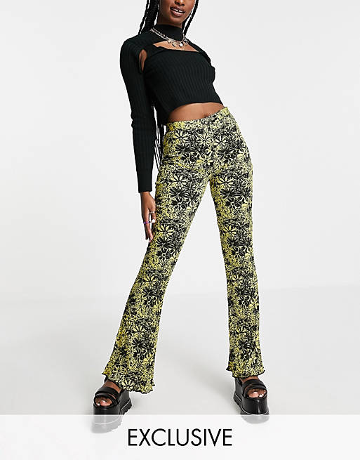 Women COLLUSION satin plisse flare flower printed trouser in yellow 