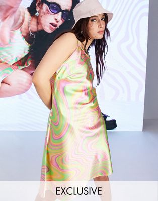 Collusion Satin Racer Slip Mini Dress In Fluro Swirl Print-multi
