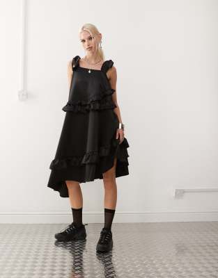 satin ruffle smock dress in black