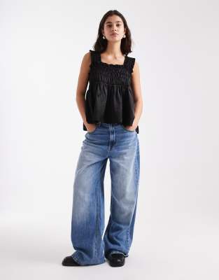 Collusion Satin Shirred Smock Top In Black