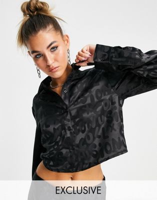 COLLUSION cropped branded jacquard satin shirt co-ord in black