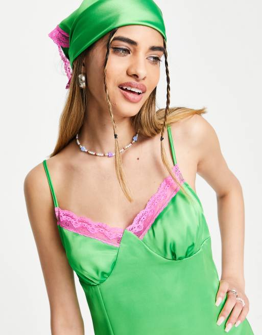 COLLUSION satin slip dress with lace trim in green