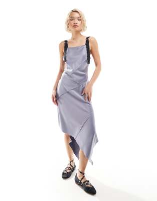 satin slip dress with raw seams and hardware in silver gray