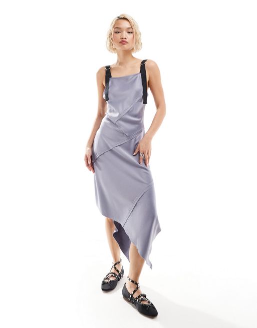 COLLUSION satin slip dress Track with raw seams and hardware in silver grey