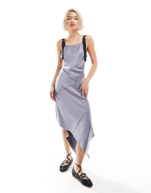 Collusion - satin slip dress with raw seams and hardware in silver grey