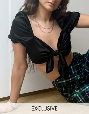 COLLUSION satin tie front 90's crop top in black