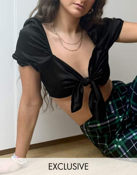 COLLUSION satin tie front 90s crop top in black