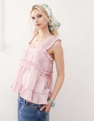 satin tiered smock top in pink