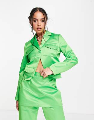 COLLUSION satin utility blazer in green co-ord