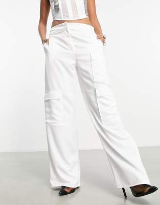 Collusion Satin Utility Wide Leg Cargo Pants In White ModeSens