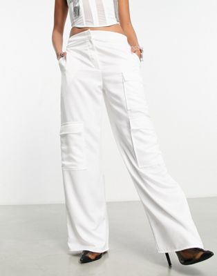 COLLUSION satin utility wide leg cargo trousers in white