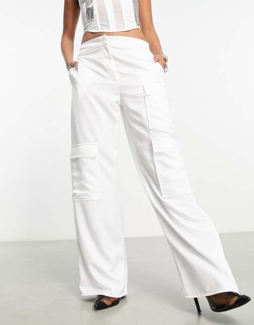 COLLUSION satin utility wide leg cargo trousers in white | ASOS