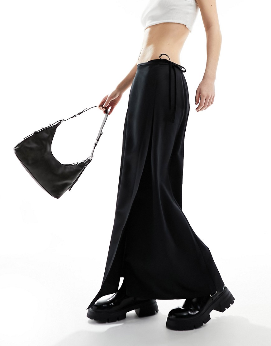 COLLUSION satin wrap slip skirt with tie waist in black
