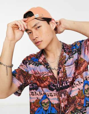 Collusion Scenic Print Short Sleeve Revere Shirt In Multi