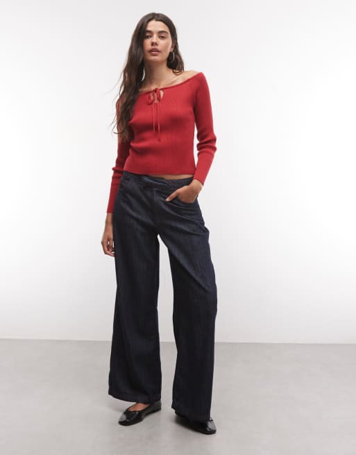COLLUSION schulterfreies Langarm-Stricktop mit Cut-out in Rot, 2 von 4
