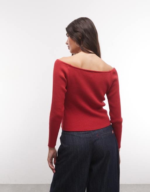 COLLUSION schulterfreies Langarm-Stricktop mit Cut-out in Rot, 4 von 4