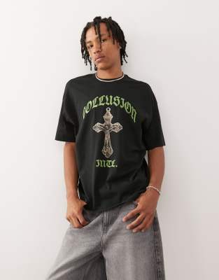 COLLUSION – Schwarzes T-Shirt mit grünem Aufdruck - view 1
