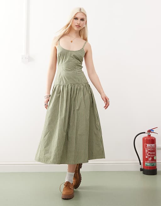 plaid drop waist dress Bge/Plaid / s Ideal for casual outings or cozy gatherings Plaid Drop Waist Dress (Red)
