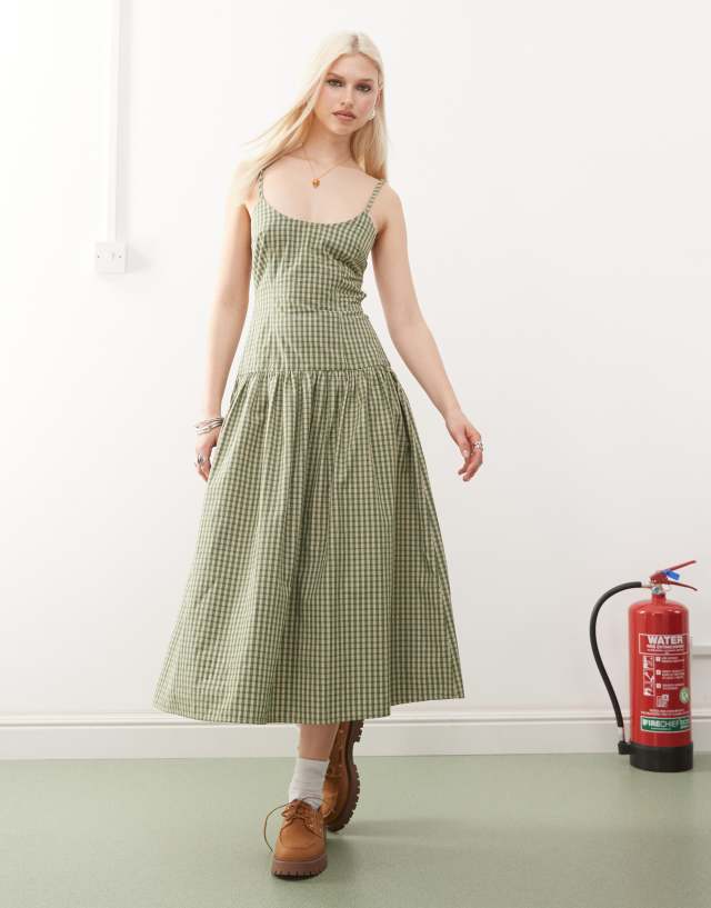 COLLUSION scoop neck drop waist maxi dress in green plaid