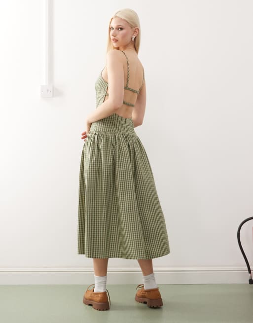COLLUSION scoop neck drop waist maxi dress in green plaid , 2 of 4