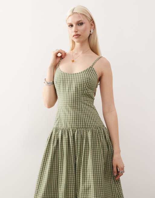 knee length dresses for ladies 1- Bea long dress is green plaid silk – natalija rushidi main image 1