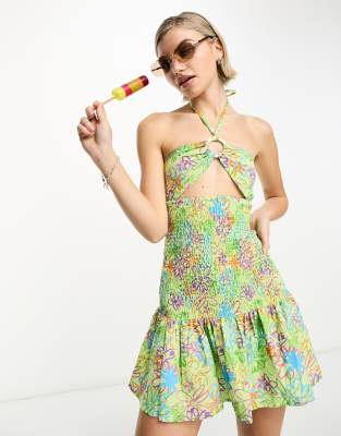 scribble floral shirred mini dress with halterneck in multi