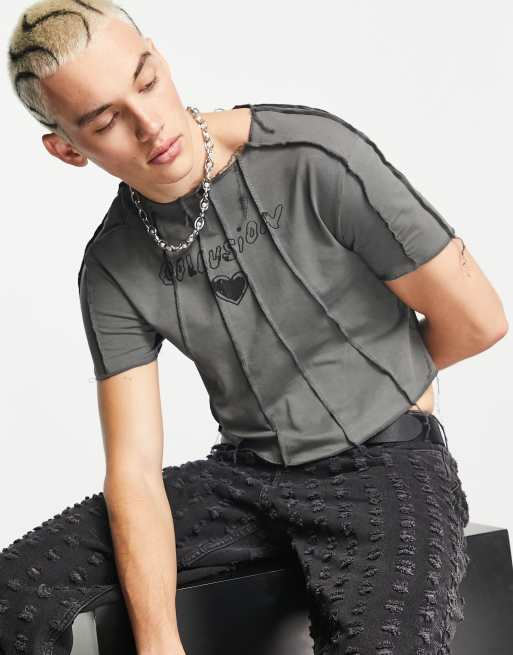 COLLUSION seam detail crop T-shirt with front print in gray