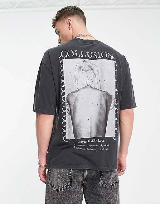 COLLUSION self love photographic back print t-shirt in washed black