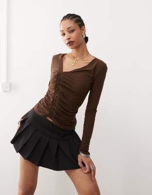 Collusion semi sheer asymmetric neck tight top in chocolate