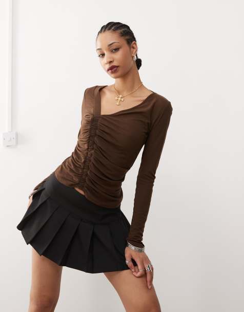 COLLUSION semi sheer asymmetric neck tight top in chocolate - view 1