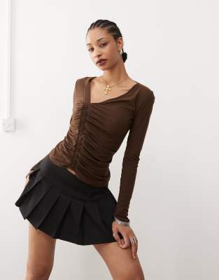 Collusion Semi Sheer Asymmetric Neck Tights Top In Chocolate-neutral