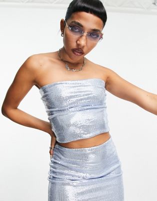 COLLUSION sequin bandeau co-ord in blue