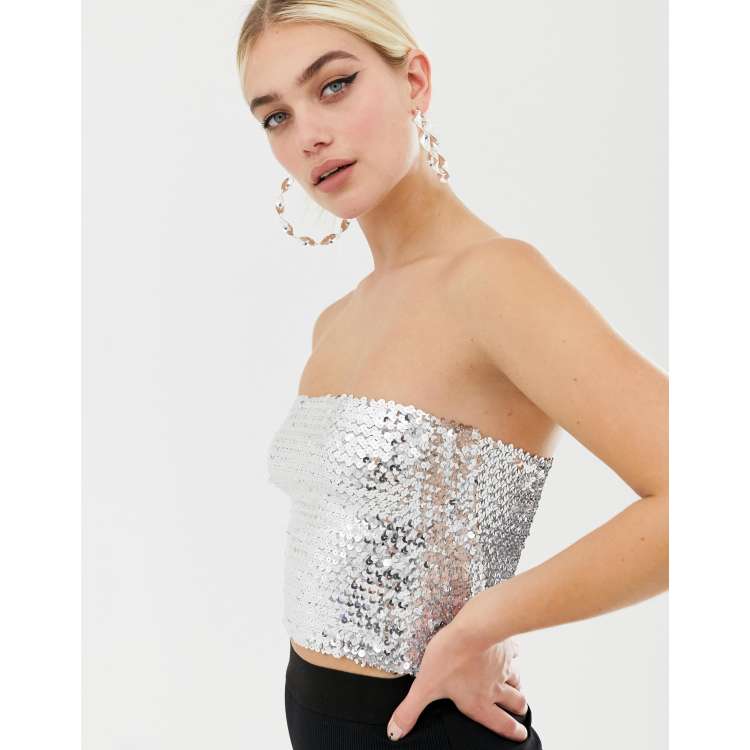 Silver Sequin Bandeau Crop Top