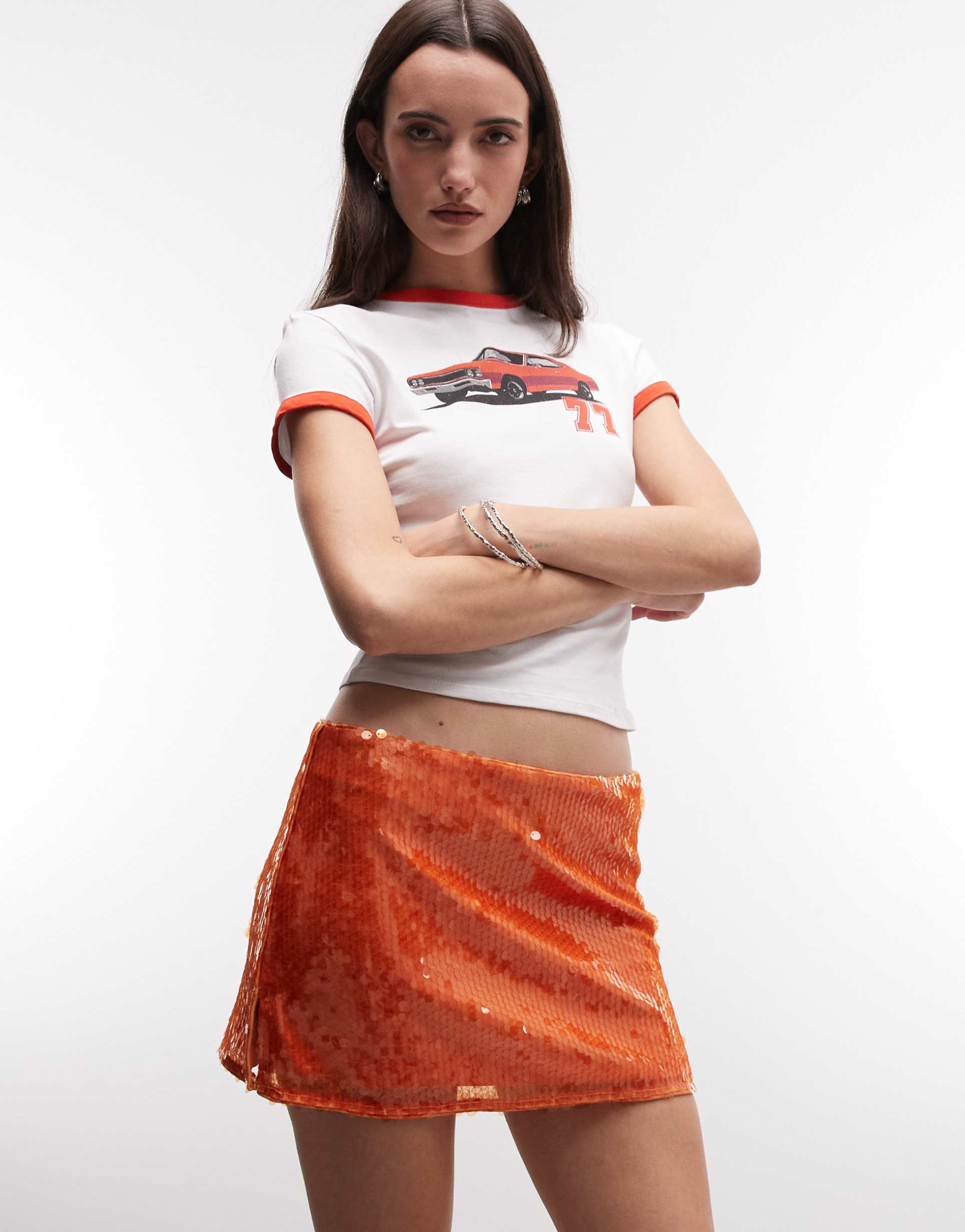 collusion sequin mini skirt in orange