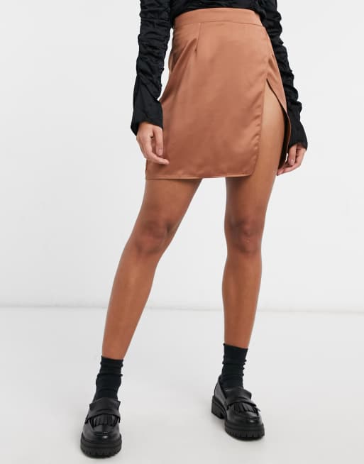 COLLUSION set thigh high slit mini skirt in mocha
