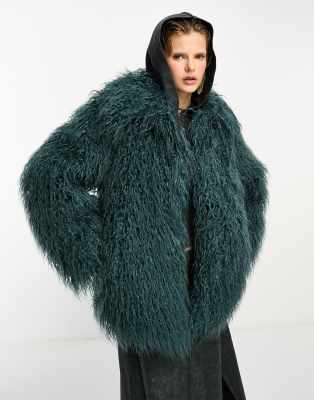 Collusion Shaggy Faux Mongolian Fur Jacket In Blue-gray