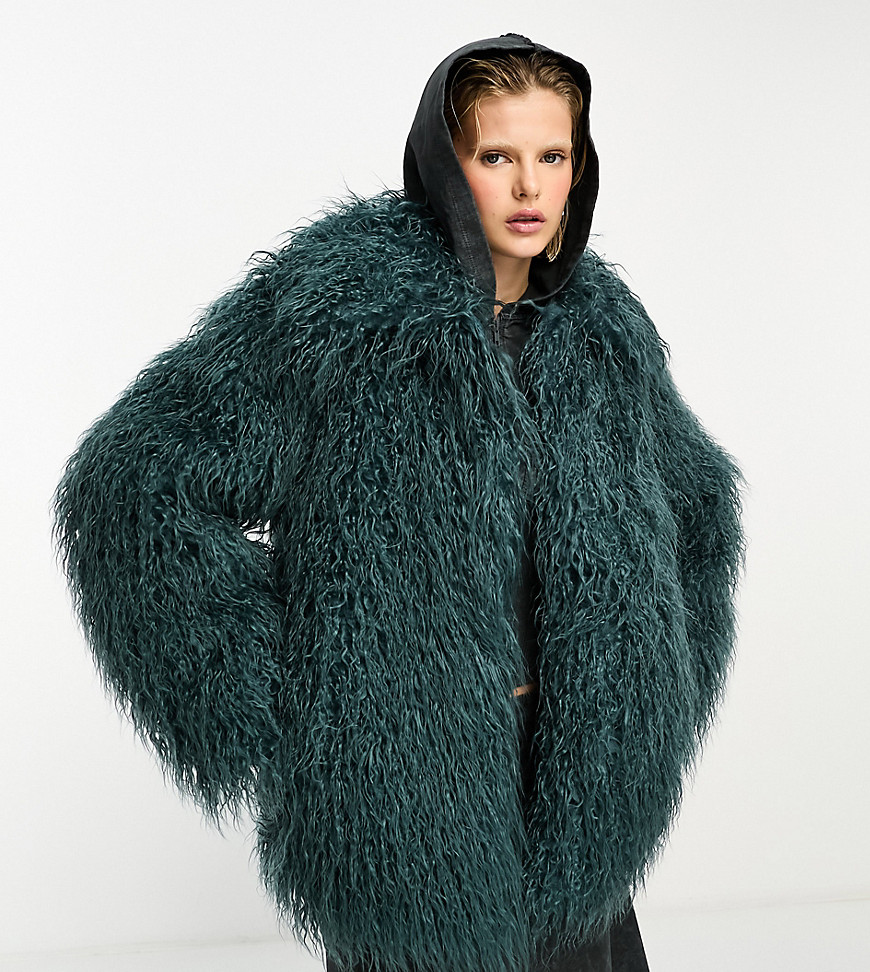 COLLUSION shaggy faux mongolian fur jacket in blue-Grey
