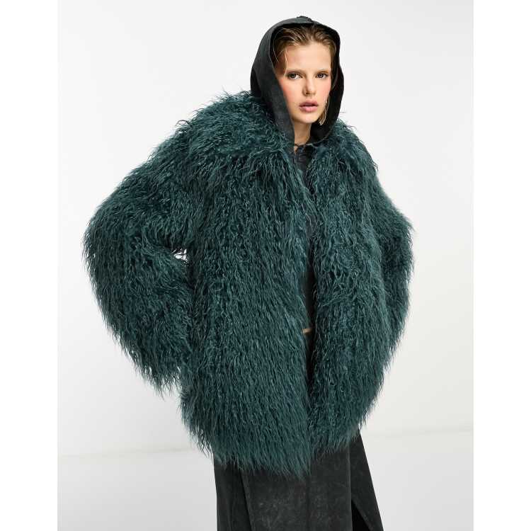 COLLUSION shaggy faux mongolian fur jacket in blue