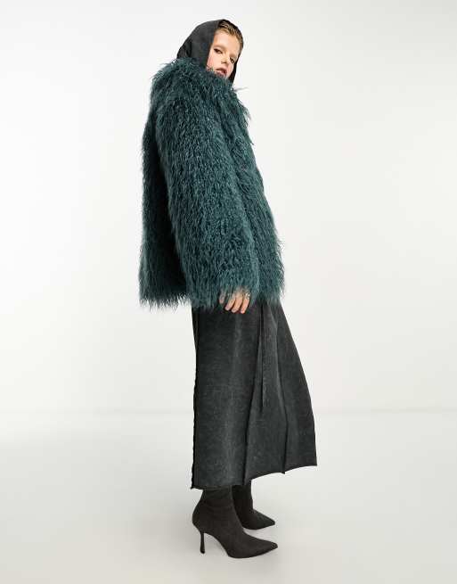 COLLUSION shaggy faux mongolian fur jacket in blue ASOS