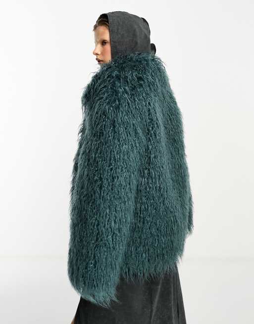 COLLUSION shaggy faux mongolian fur jacket in blue