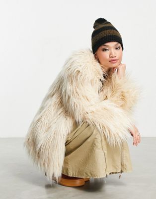COLLUSION shaggy faux mongolian fur jacket in cream