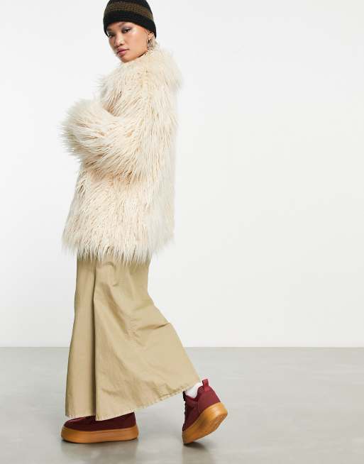 COLLUSION shaggy faux mongolian fur jacket in cream ASOS