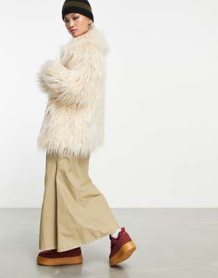 COLLUSION shaggy mongolian faux fur jacket in cream | ASOS