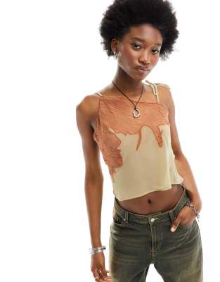 Collusion Sheer Asymmetric Cami Top With Lace Detail In Neutral