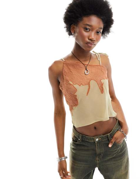 COLLUSION sheer asymmetric cami top with lace detail in neutral - view 1