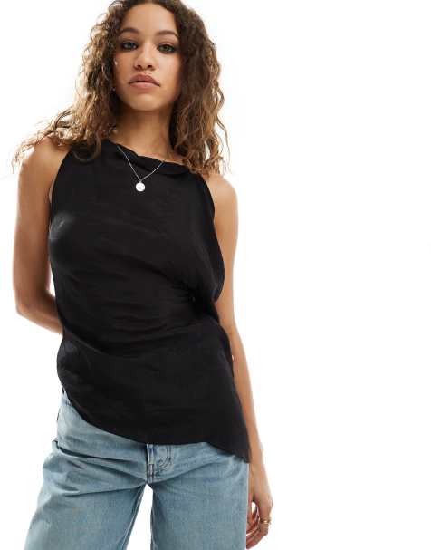 COLLUSION sheer asymmetric longline top with lace up back in black - view 1